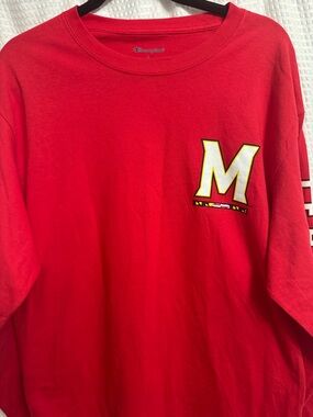 Champion Red Long Sleeve Tee with White and Yellow 'M' Chest Graphic